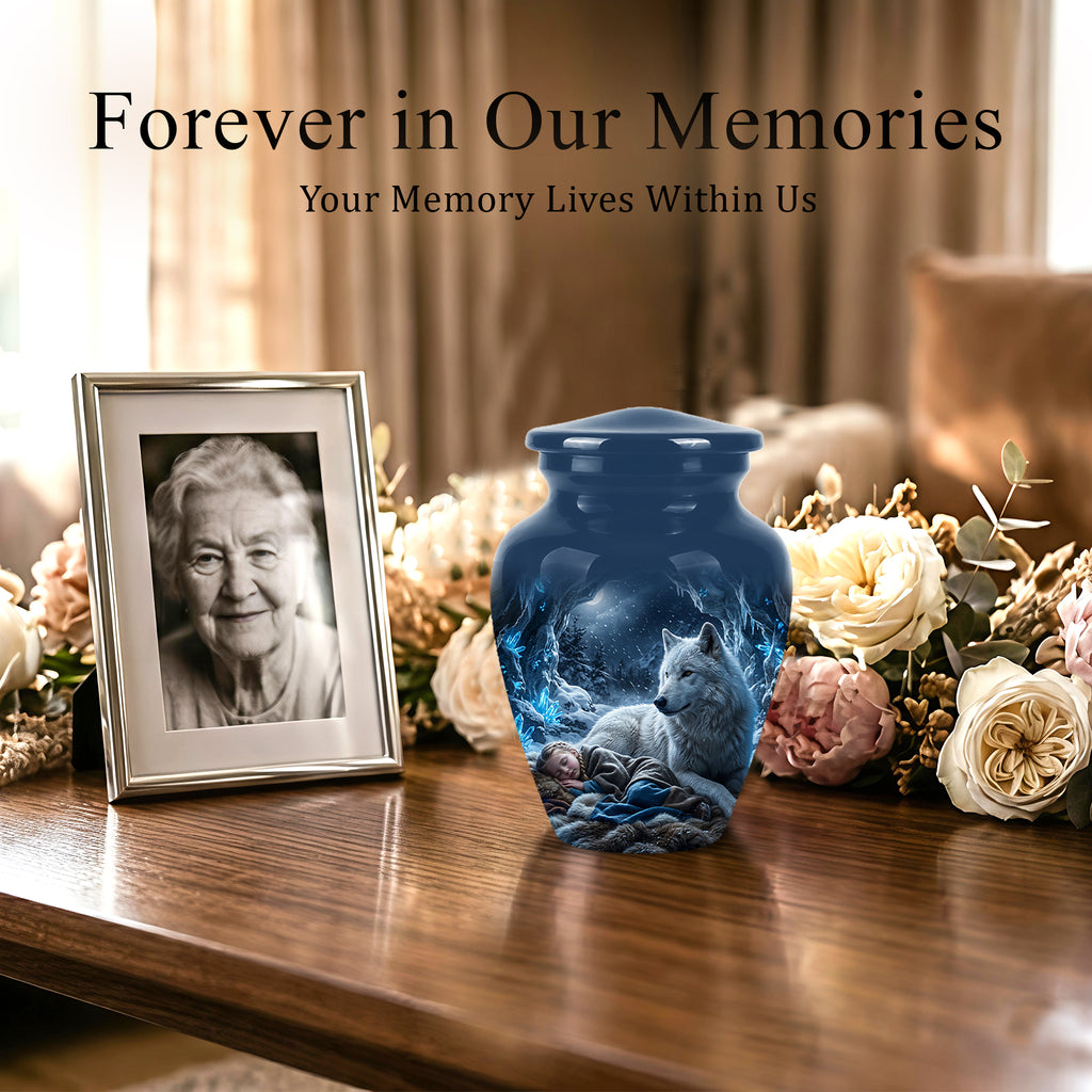 White Wolf With Girl Urn - Custom Memorial Urns For Men & Women Ashes