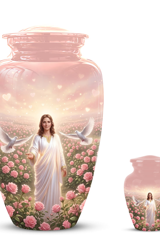 Jesus Christ And Roses Cremation Urn - Dove Memorial Urn For Ashes