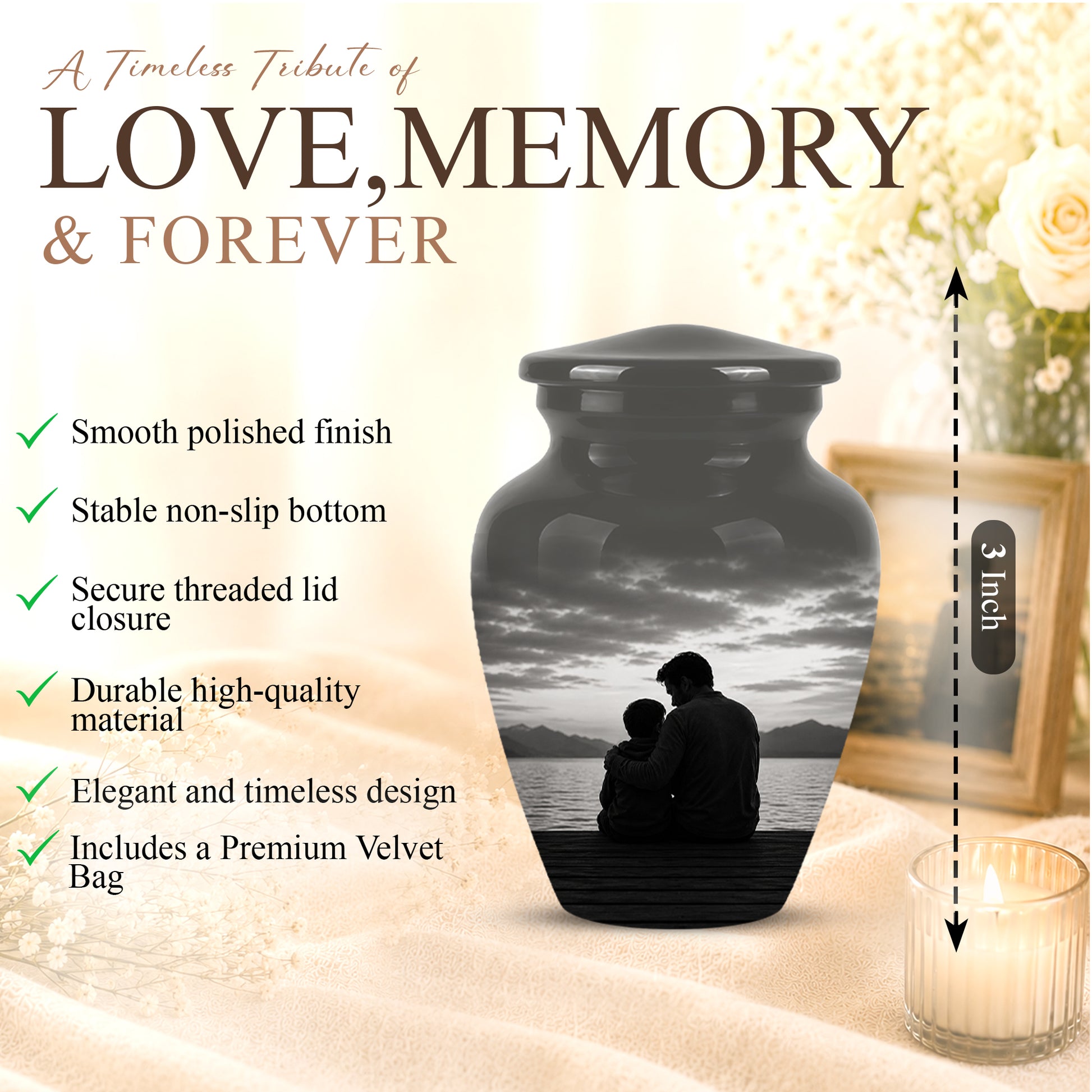 Handcrafted Father Memorial Urn - Black Personalized Urn For Dad Ashes