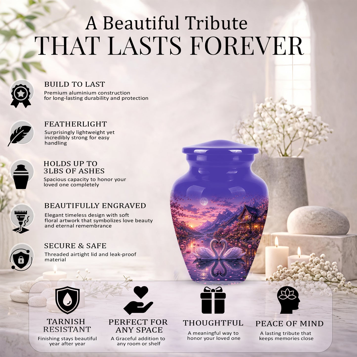 Couple Swan Cremation Urn - Purple Memorial Urns For Loved Ones Ashes