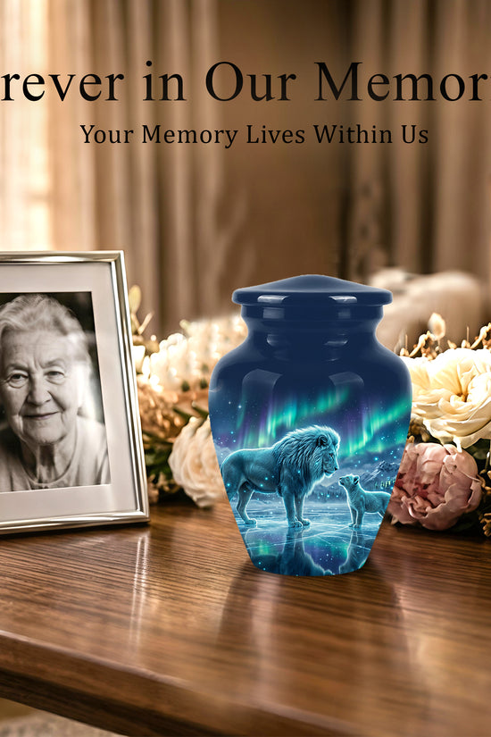 Lion & Cub Aurora Borealis Urn - Personalized Lion Urns For Human Ashes