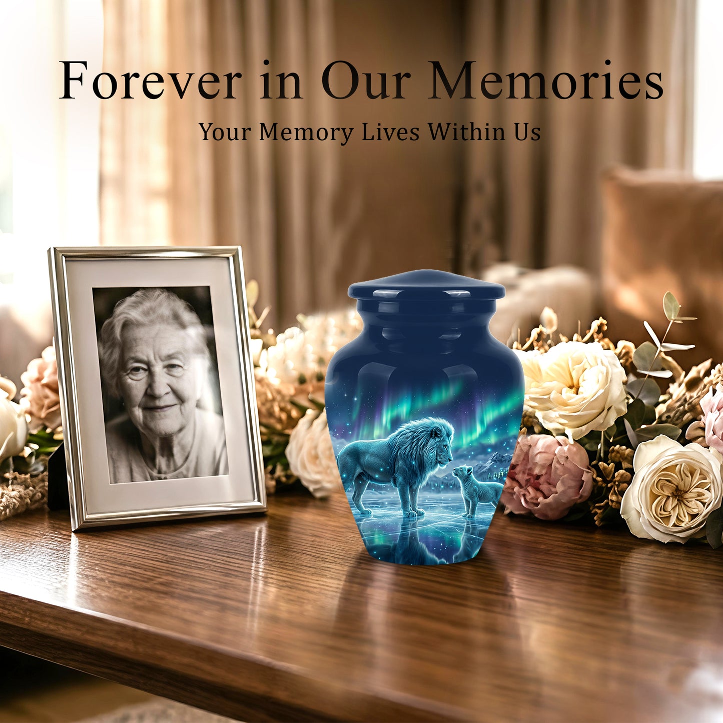 Lion & Cub Aurora Borealis Urn - Personalized Lion Urns For Human Ashes