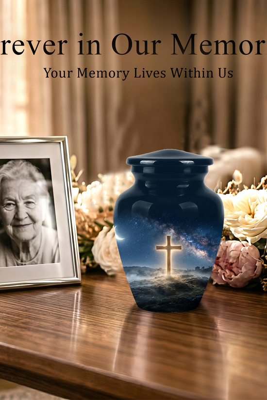 Jesus Cross In Night Sky Urn - Artistic Funeral Memorial Urns For Human Ashes