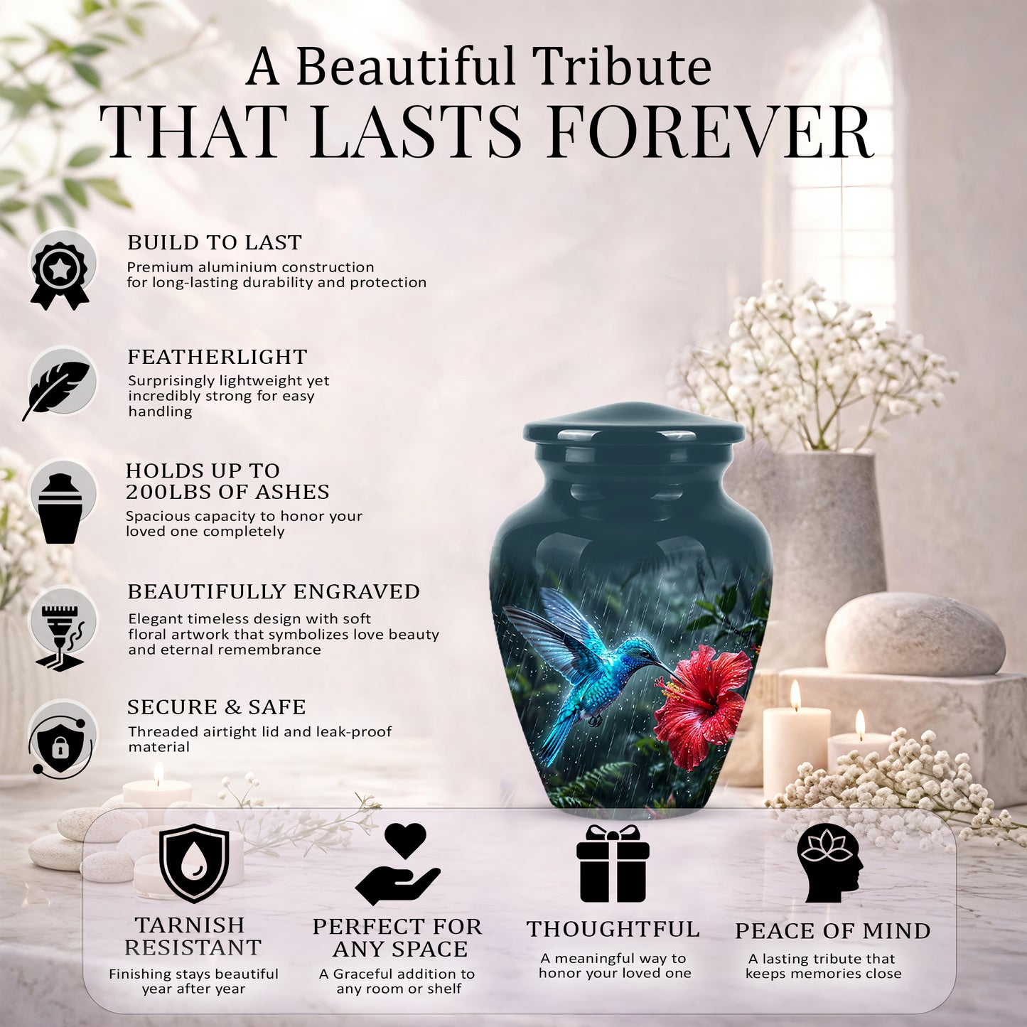 Blue Hummingbird With Red Flower - Personalized Memorial Urns For Ashes