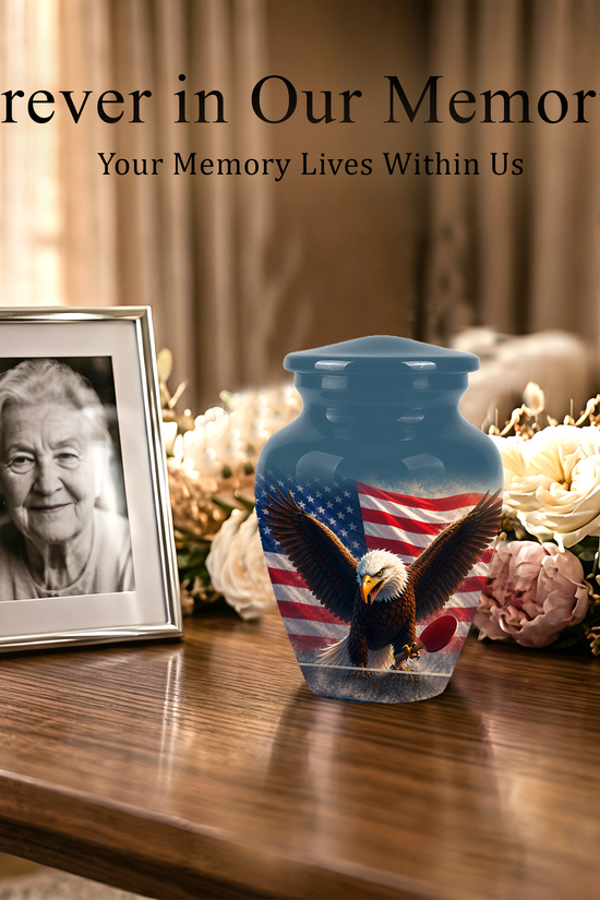 Flying Eagle With American Flag Urn - Patriotic Funeral Memorial Urns