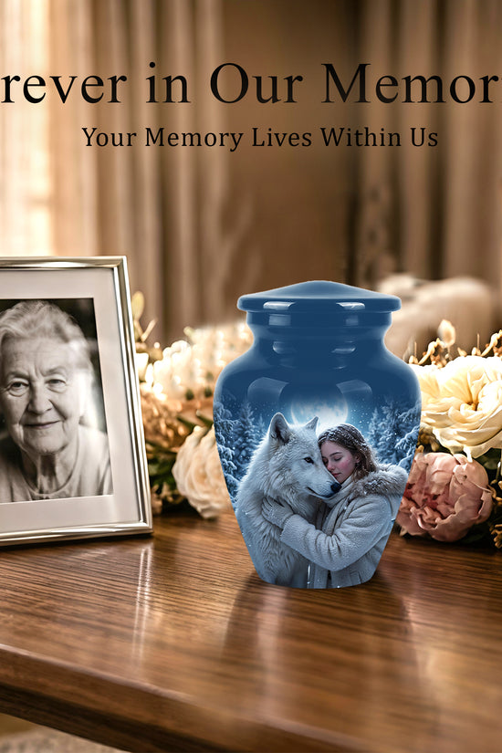 Moonlit White Wolf Cremation Urn for Ashes | Personalized Memorial