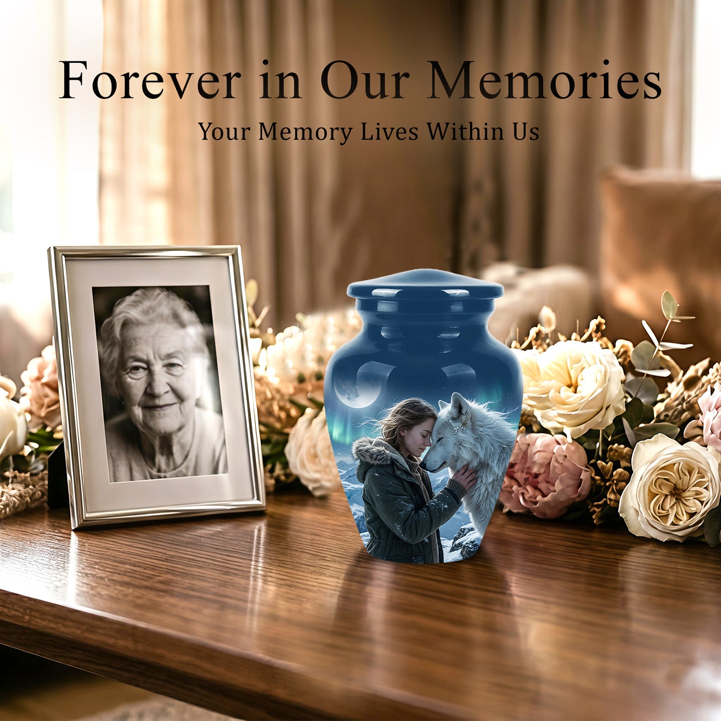 White Wolf Memorial Urn for Ashes - Custom Engraved Urns For Human