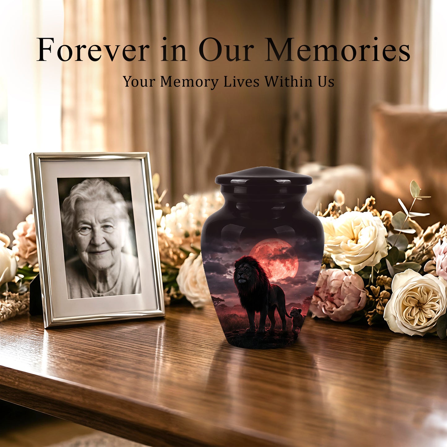 Lion Themed Cremation Urns - Blood Moon Scenic Urns For Loved Ones