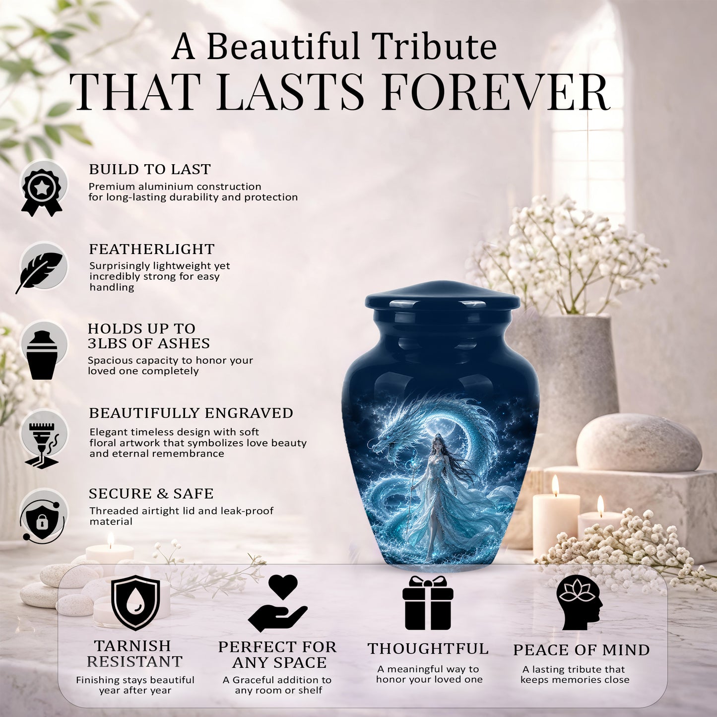Dragon And Moon Goddess Fantasy Urn - Artistic Memorial Urns For Ashes