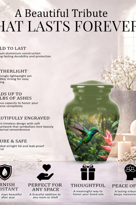 Celestial Flying Green Hummingbird Urn - Majestic Handcrafted Burial Urn