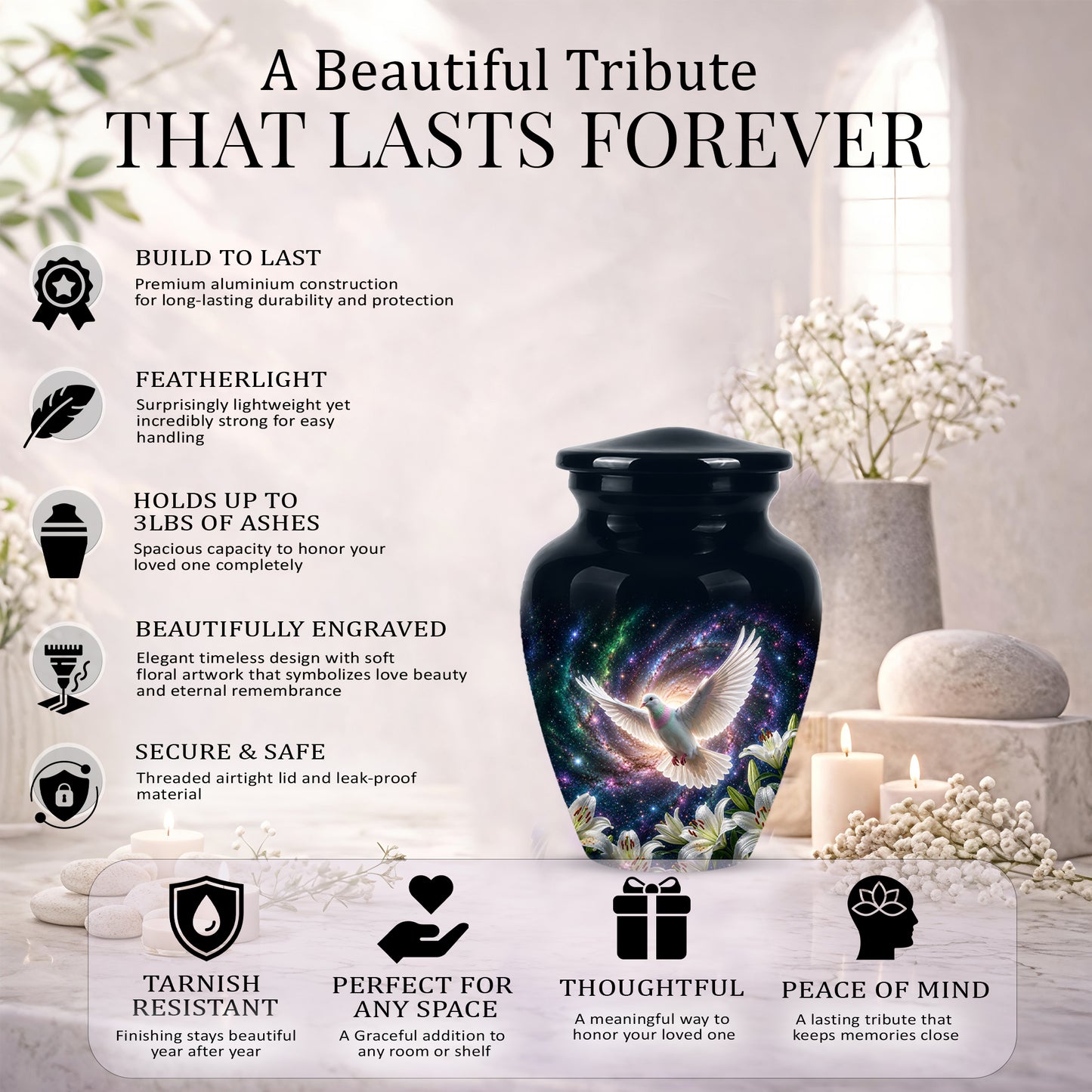 White Flying Dove Cremation Urn - Personalized Black Memorial Urns