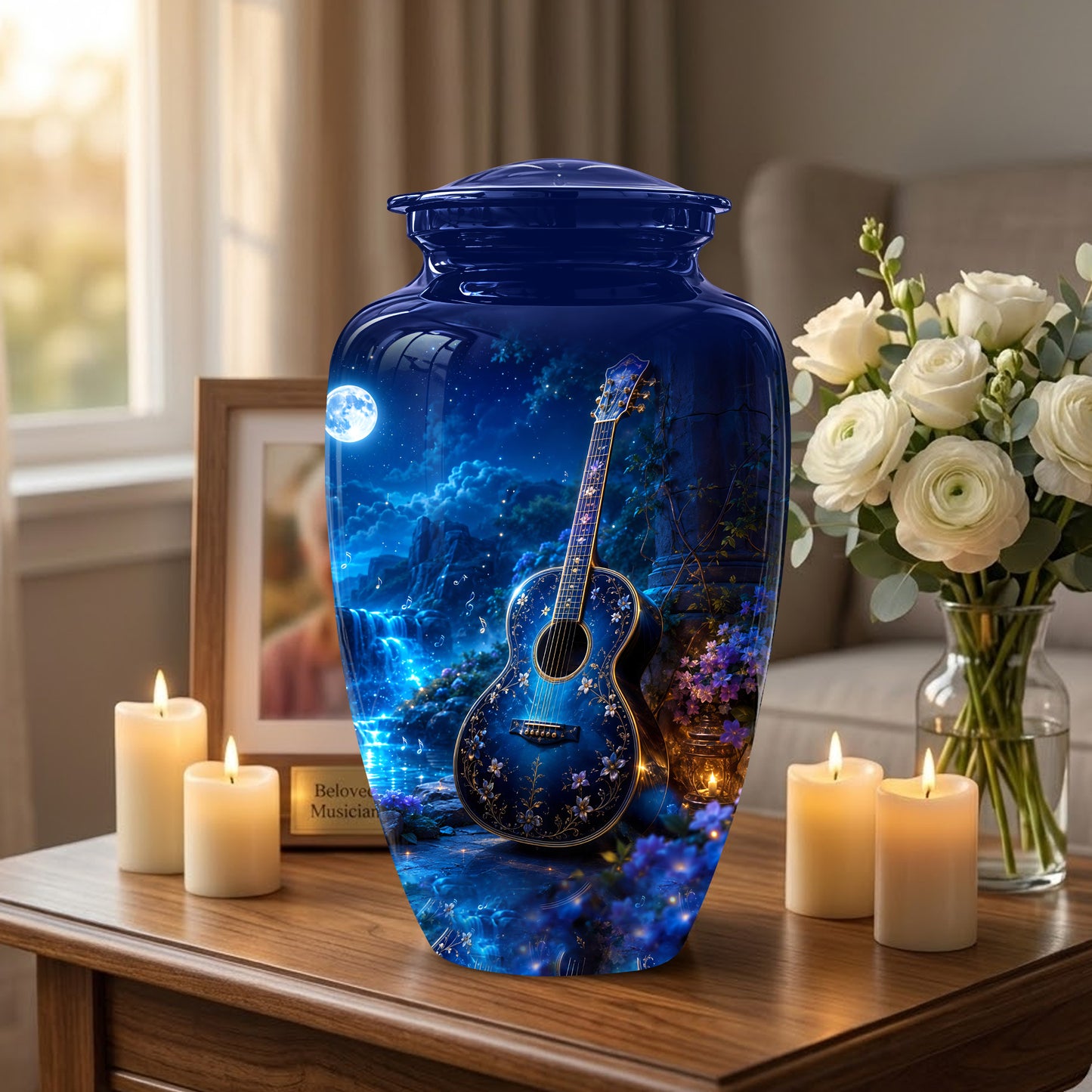 Blue Guitar Moonlight Urn - Beautiful Artistic Urns For Music Lovers