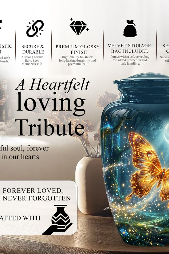 Glowing Yellow Butterfly Themed Urn - Moonlight Memorial Urns For Ashes