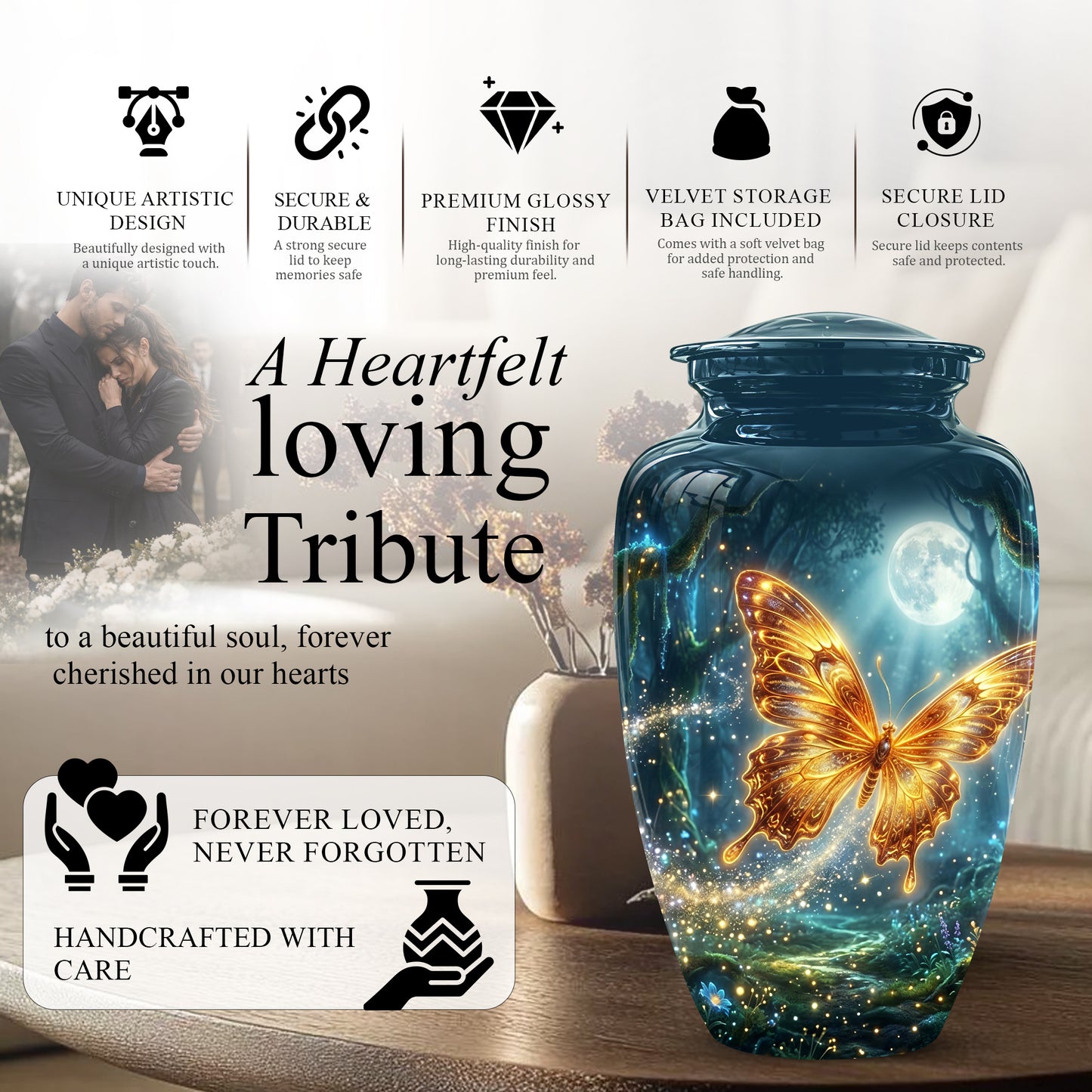 Glowing Yellow Butterfly Themed Urn - Moonlight Memorial Urns For Ashes