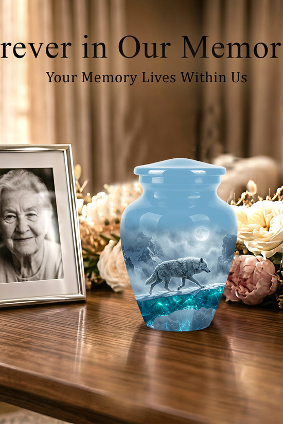 White Wolf In Snow Themed Urn - Classic Custom Urns For Human Ashes