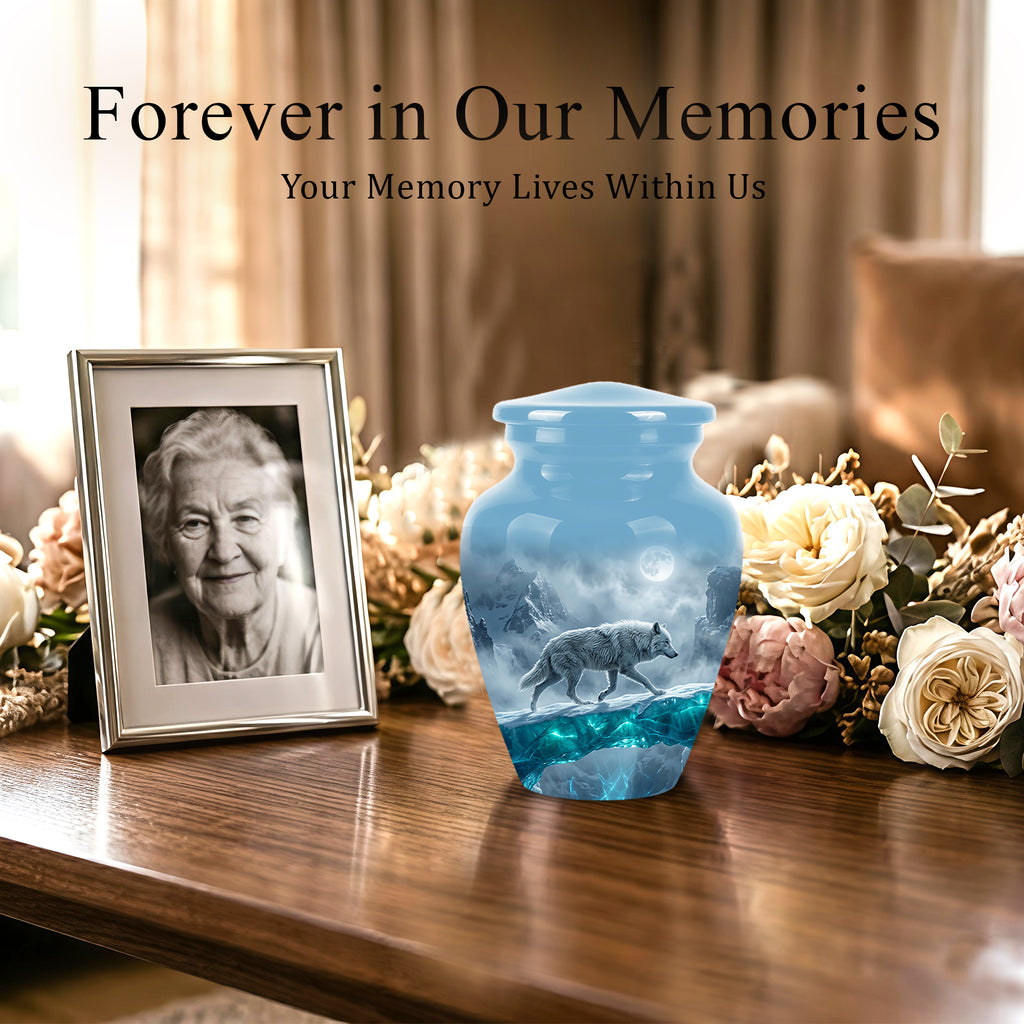 White Wolf In Snow Themed Urn - Classic Custom Urns For Human Ashes