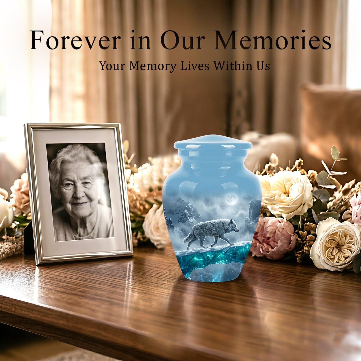 White Wolf In Snow Themed Urn - Classic Custom Urns For Human Ashes