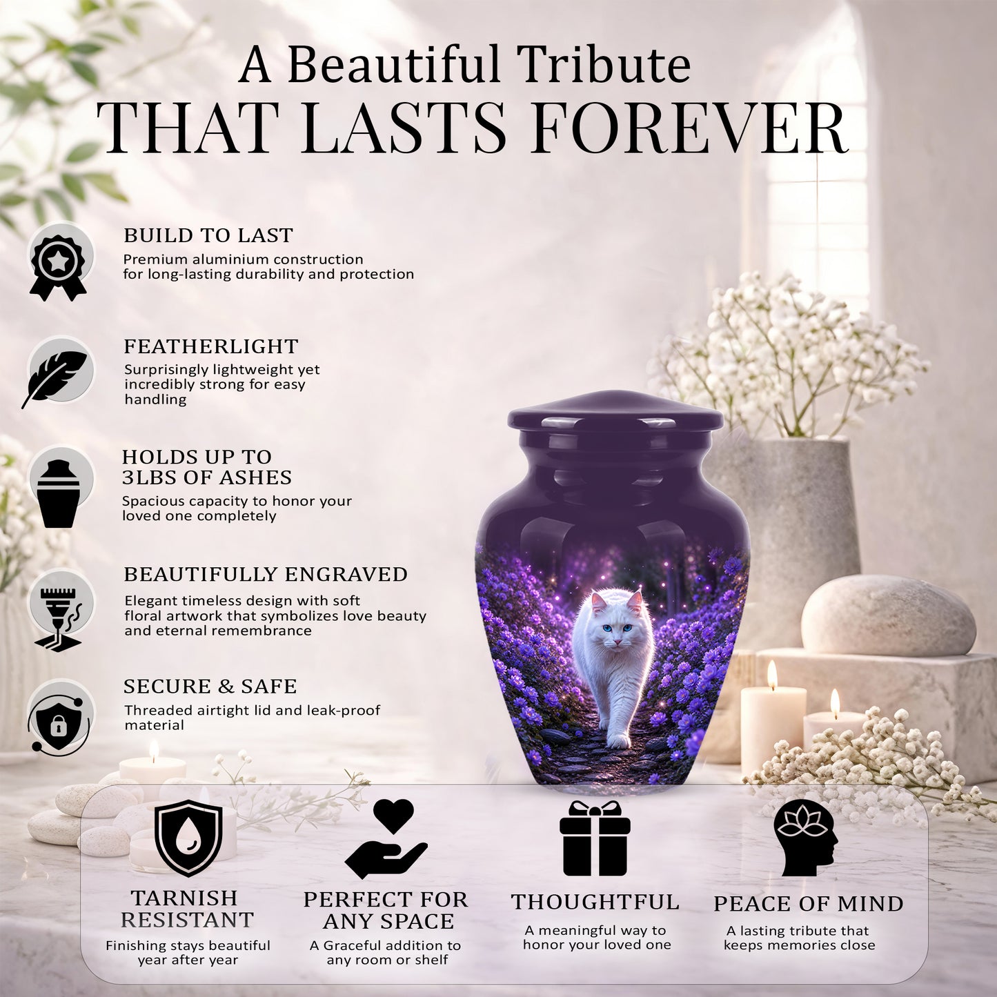 White Cat Cremation Urn - Personalized Burial Urns For Pet Ashes