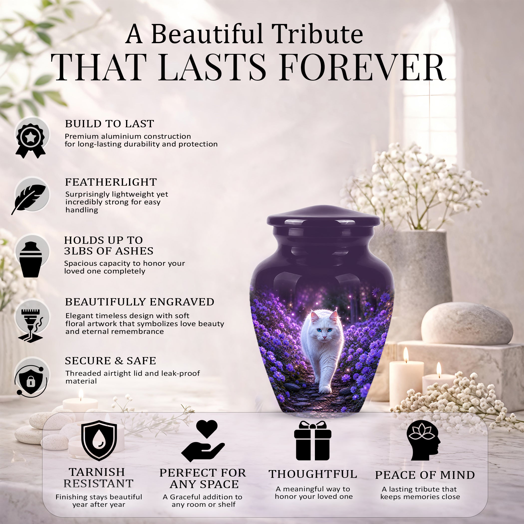 White Cat Cremation Urn - Personalized Burial Urns For Pet Ashes
