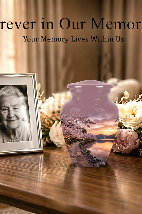 Pink Spring Tree Cremation Urns - Beautiful Nature Sunset Burial Urns