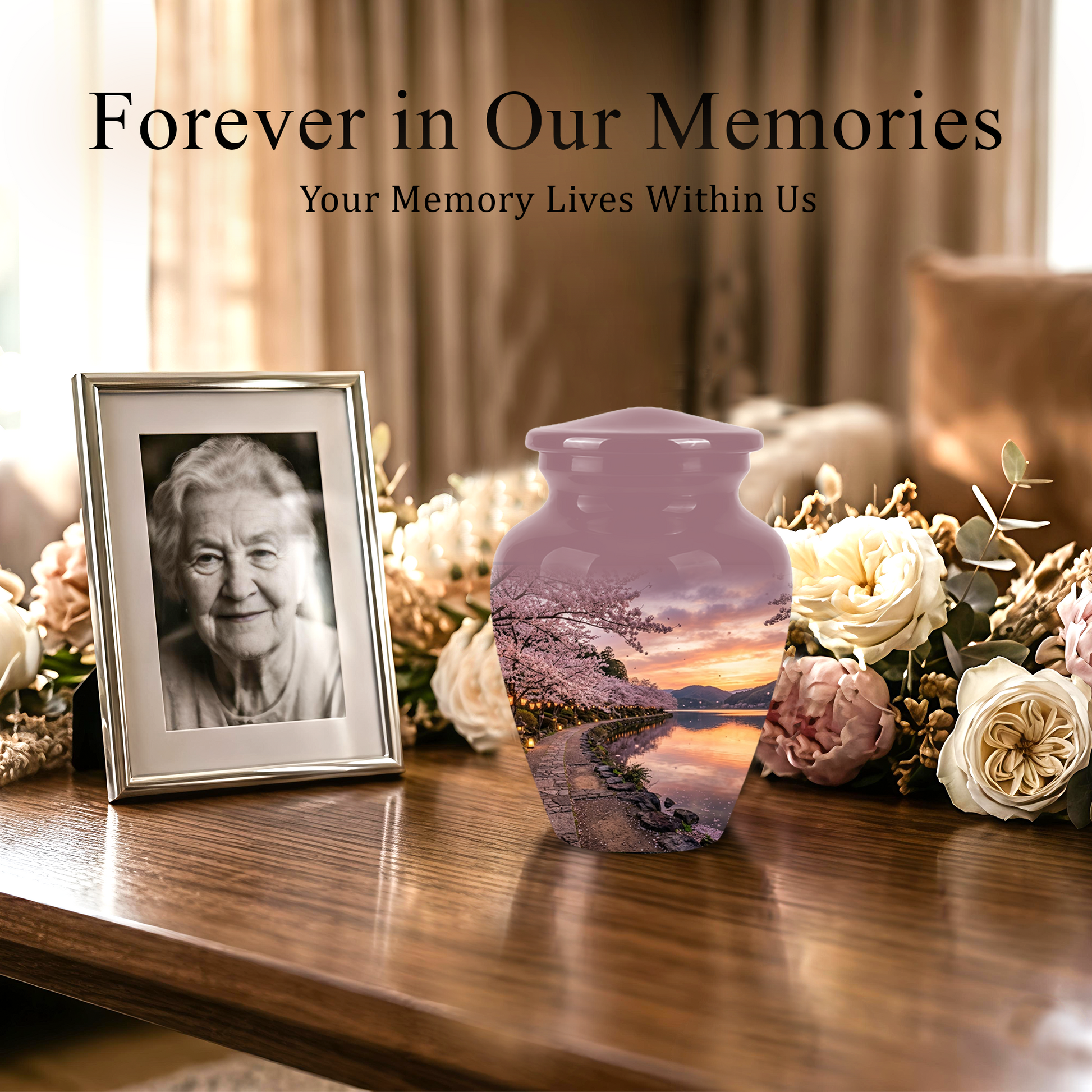 Pink Spring Tree Cremation Urns - Beautiful Nature Sunset Burial Urns