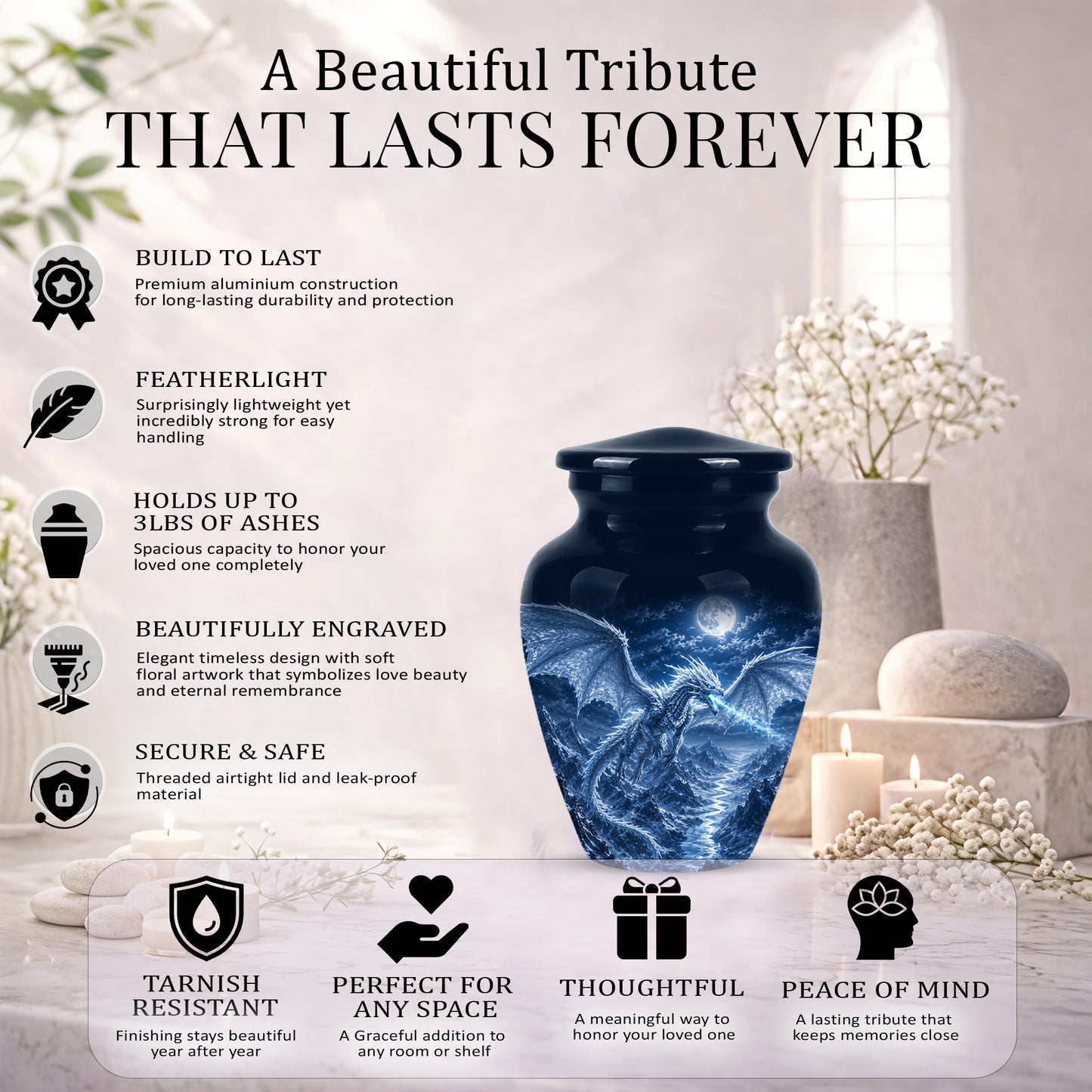 White Dragon Cremation Urn - Majestic Classic Dragon Urns For Human Ashes