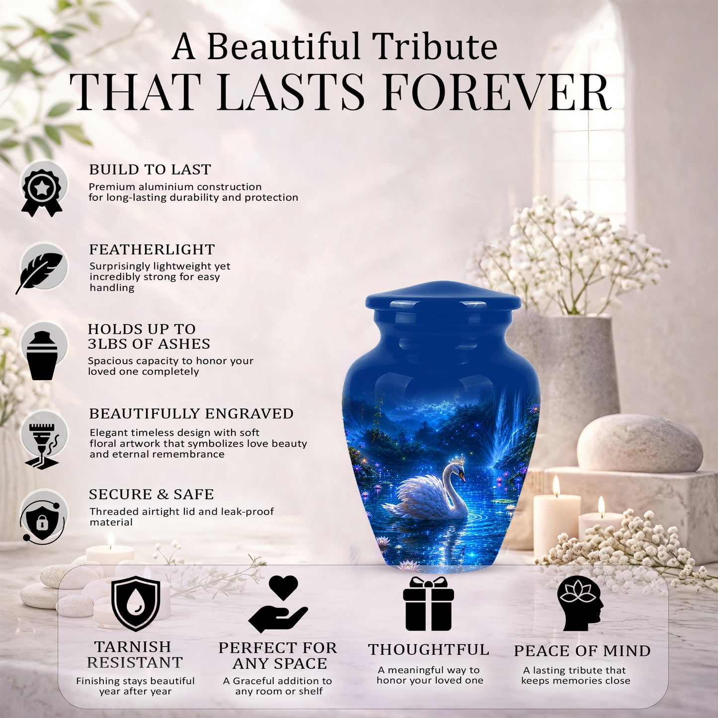 White Swan Memorial Urn - Custom Cremation Urns For Men & Women Ashes
