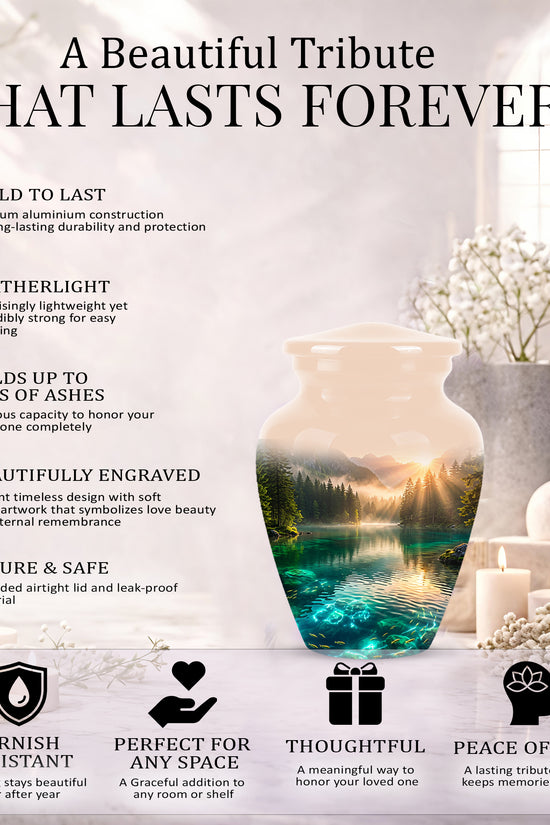 Serene Mountain Lake Cremation Urn- Custom Memorial Art Urns For Ashes