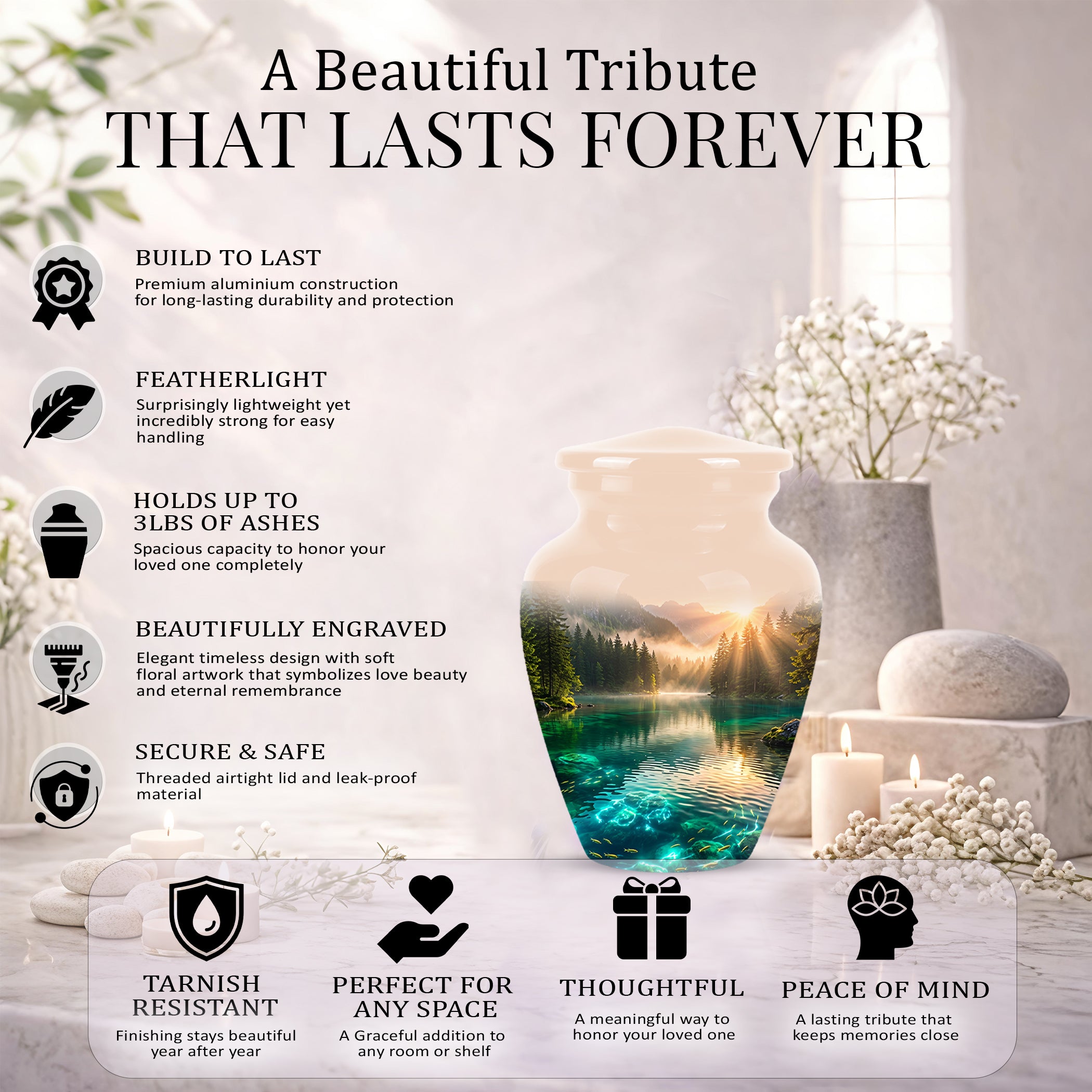 Serene Mountain Lake Cremation Urn- Custom Memorial Art Urns For Ashes