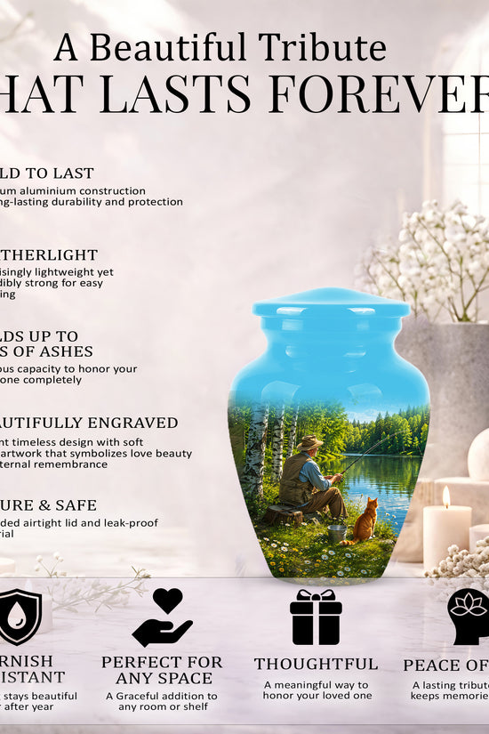 Fisherman With Cat - Artistic Fishing Memorial Urns For Men & Women
