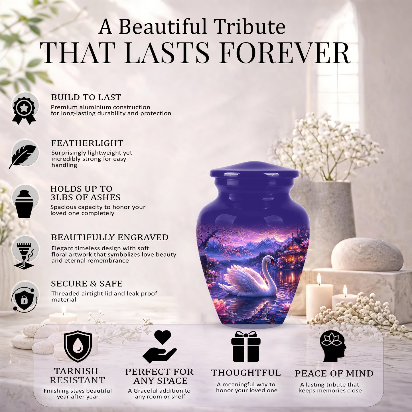 Swan & Cherry Blossom Serenade Urn - Beautiful Custom Urns For Ashes