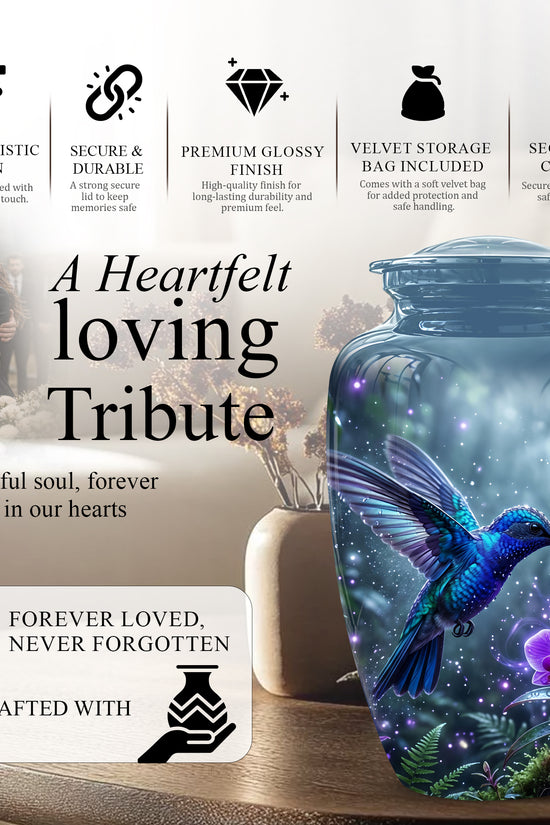Flying Blue Hummingbird Urn - Majestic Memorial Urns For Human Ashes