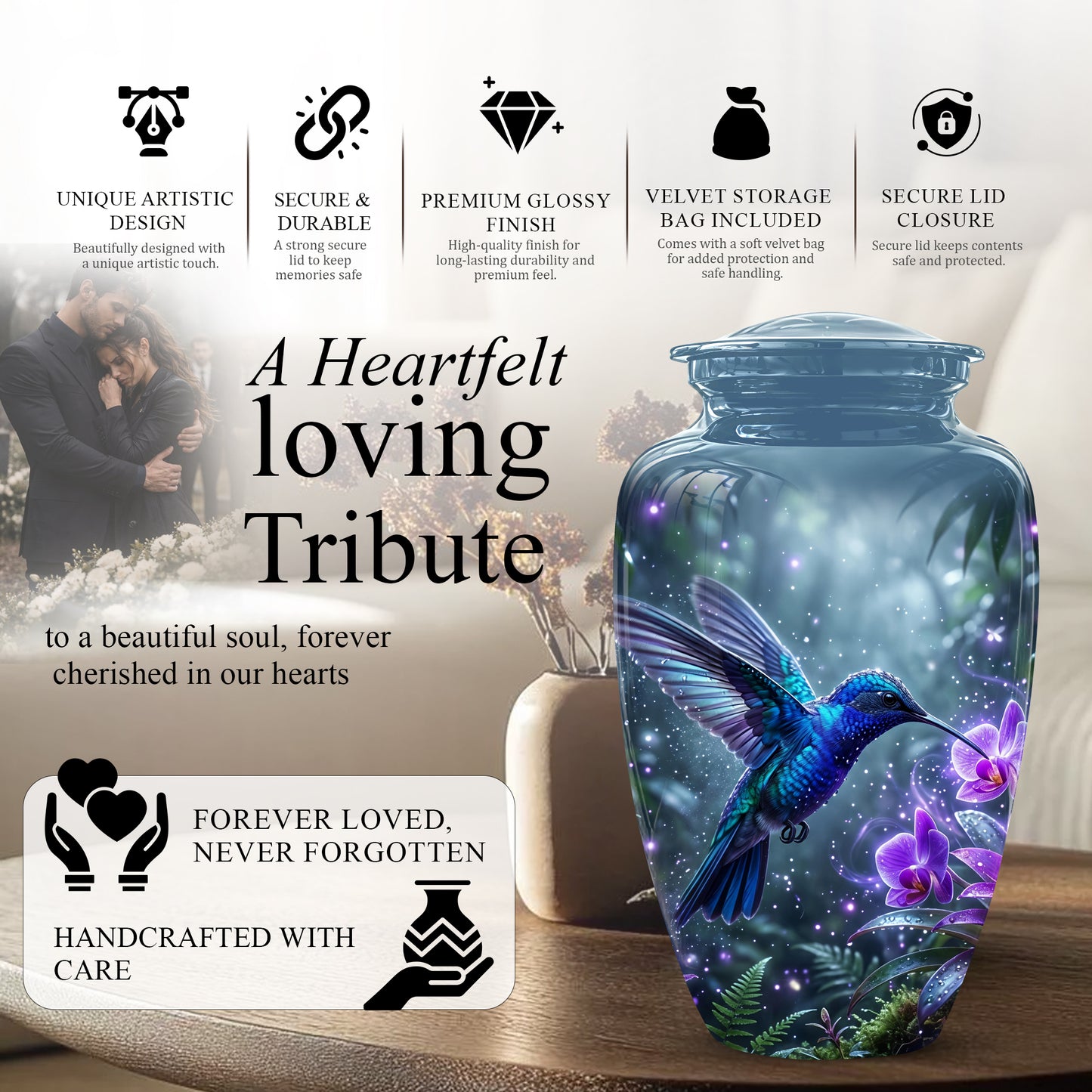 Flying Blue Hummingbird Urn - Majestic Memorial Urns For Human Ashes