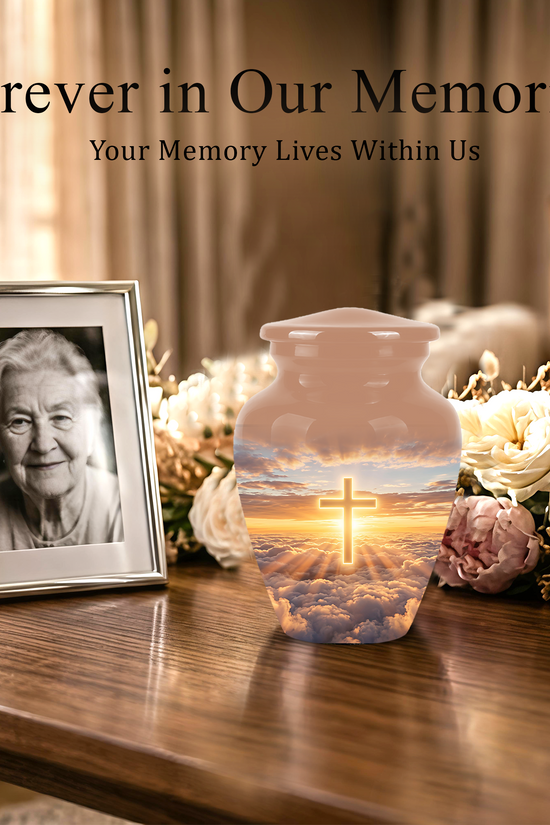 Christian Cross in Sky Cremation Urn - Beautiful Artistic Burial Urns For Ashes