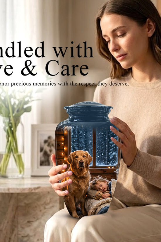 Golden Retriever Dog With Child - Beautiful Custom Pet Urns For Ashes