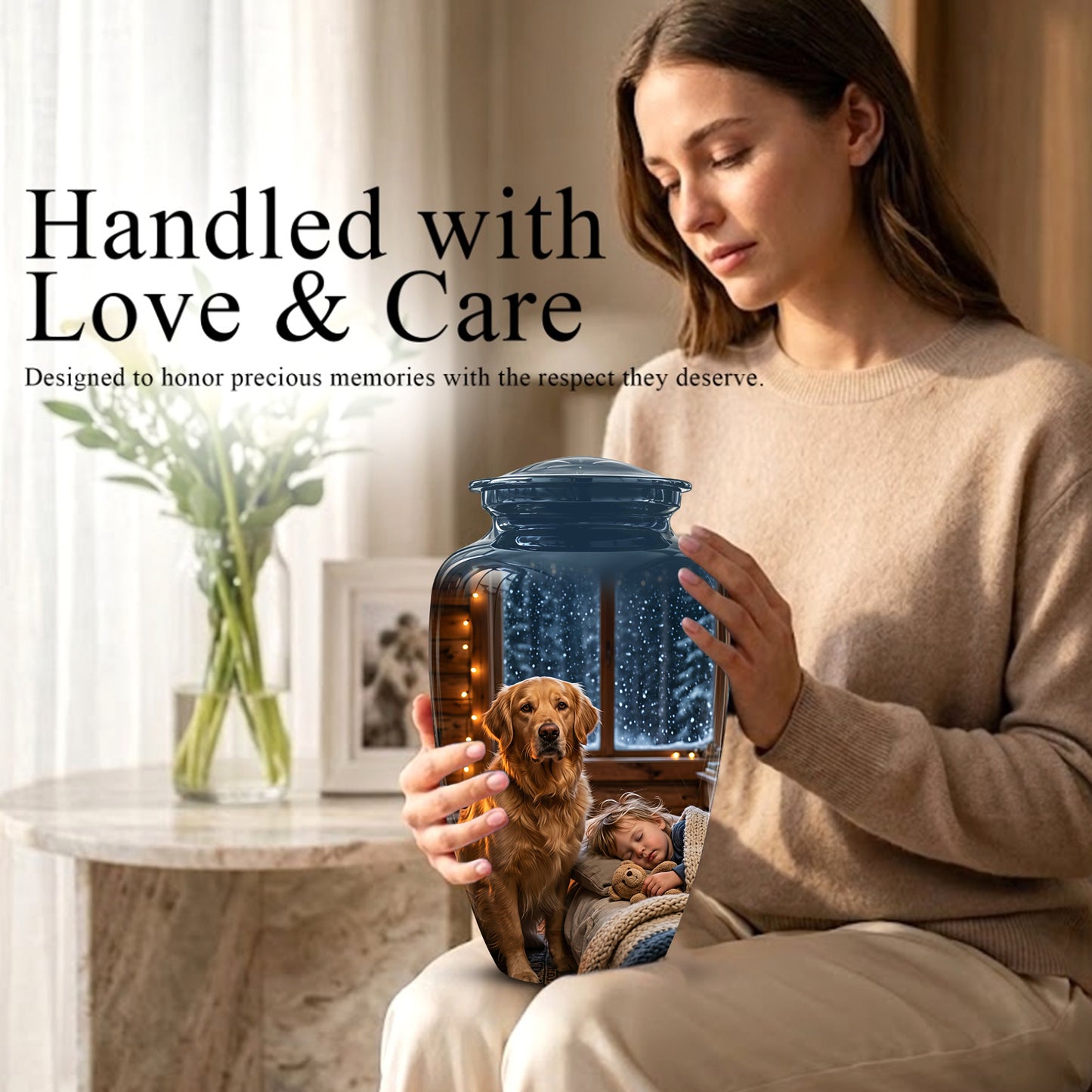Golden Retriever Dog With Child - Beautiful Custom Pet Urns For Ashes