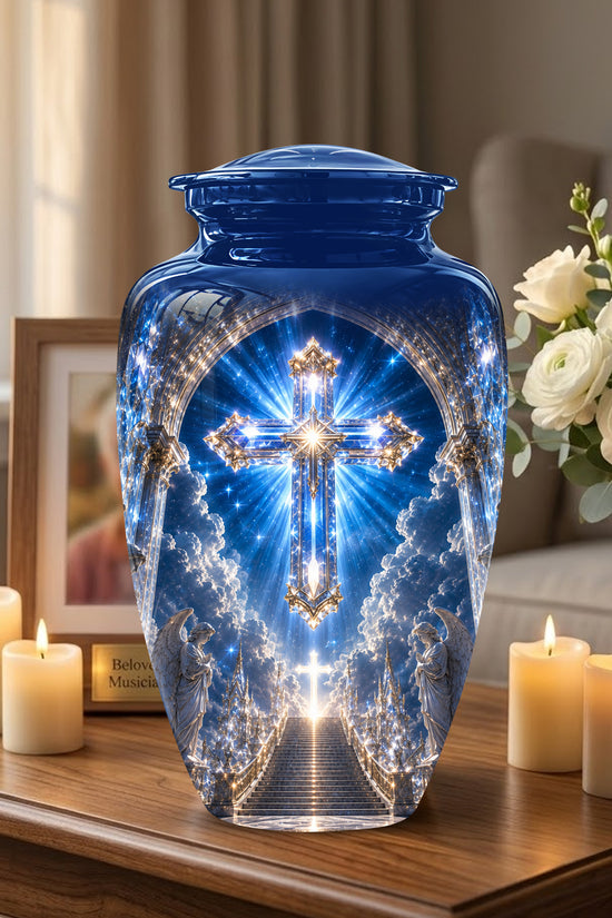 Heavenly Cross Cremation Urn – Blue Memorial Urn For Human Ashes