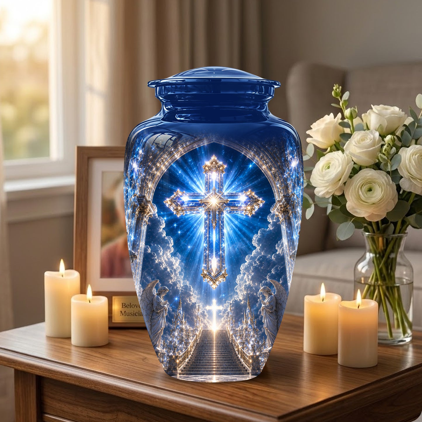 Heavenly Cross Cremation Urn – Blue Memorial Urn For Human Ashes