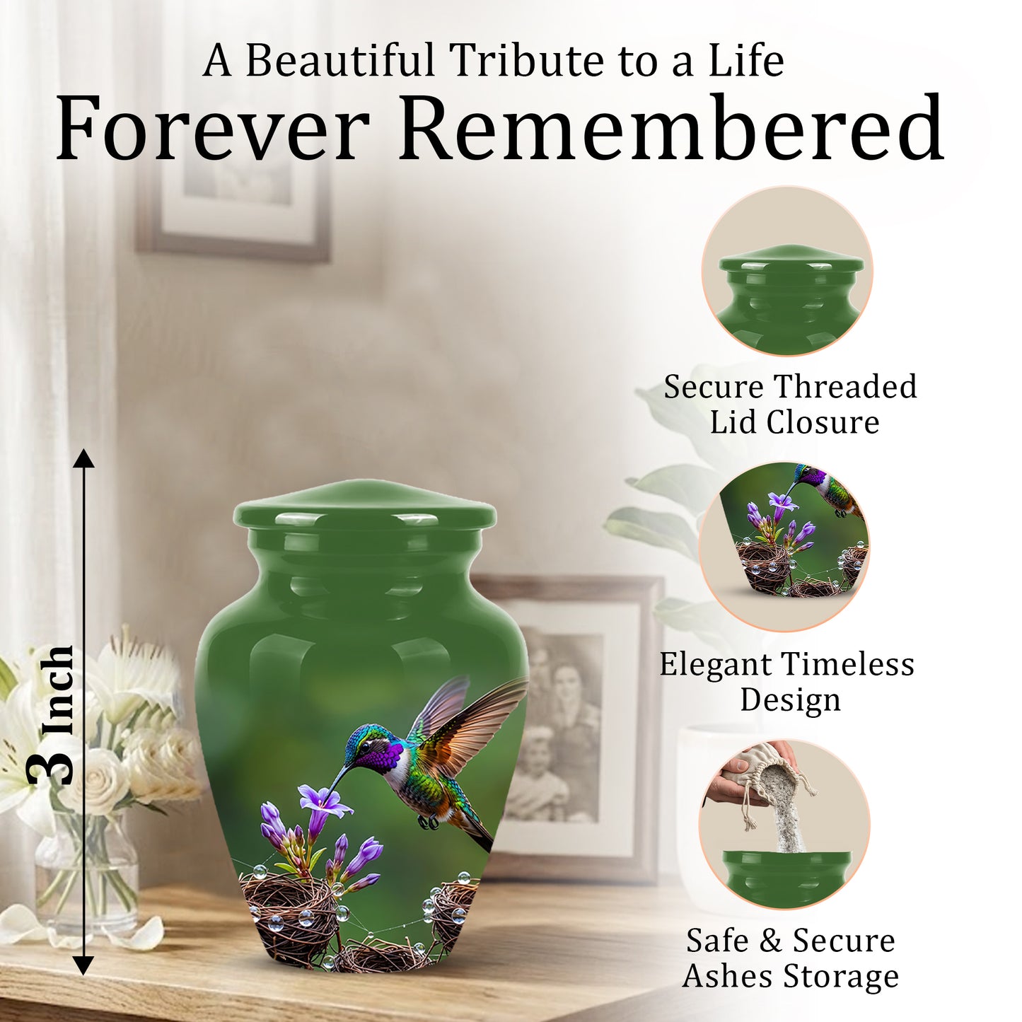 Colorful Hummingbird Memorial Urn - Green Burial Urns For Women Ashes