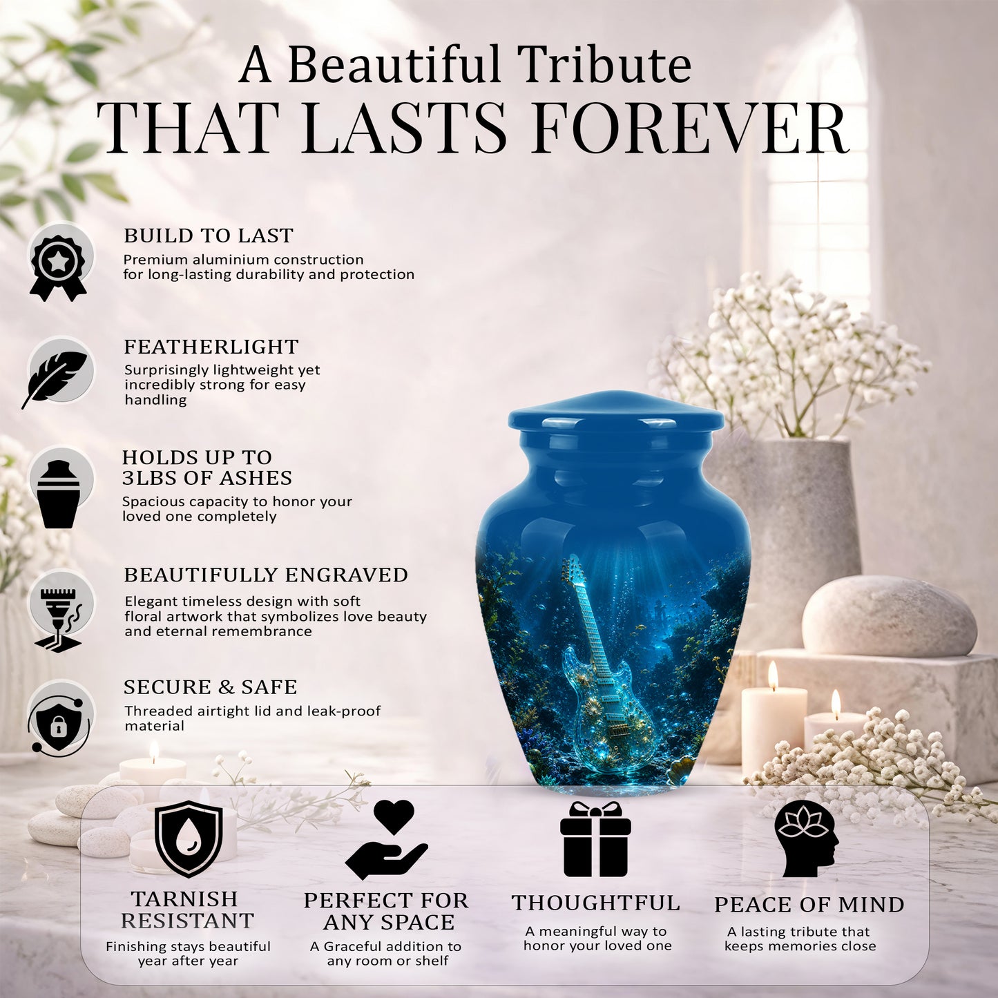 Underwater Guitar Themed Urn -Peaceful Memorial Tribute Urns For Ashes