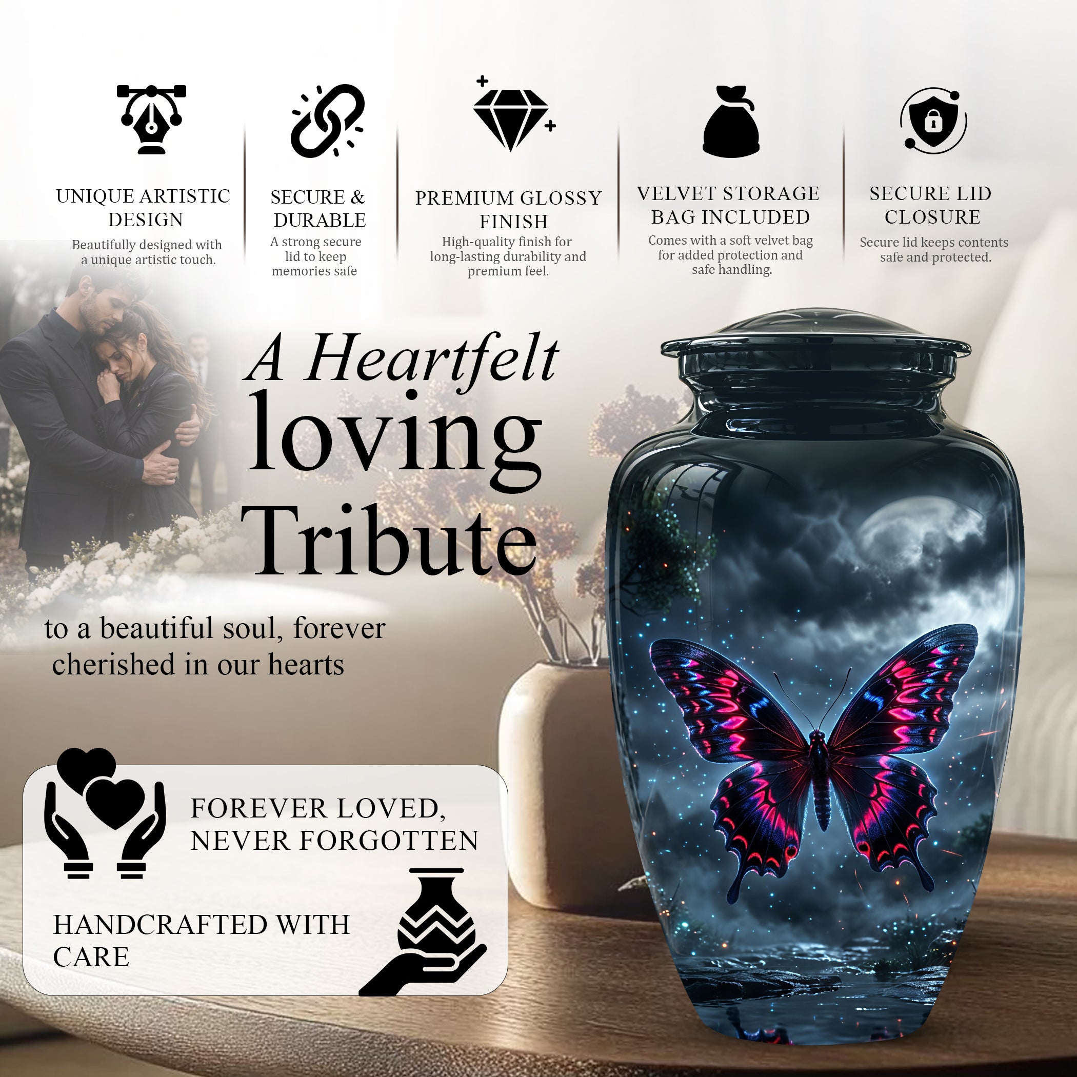 Colorful Butterfly Cremation Urn - Personalized Black Memorial Urns
