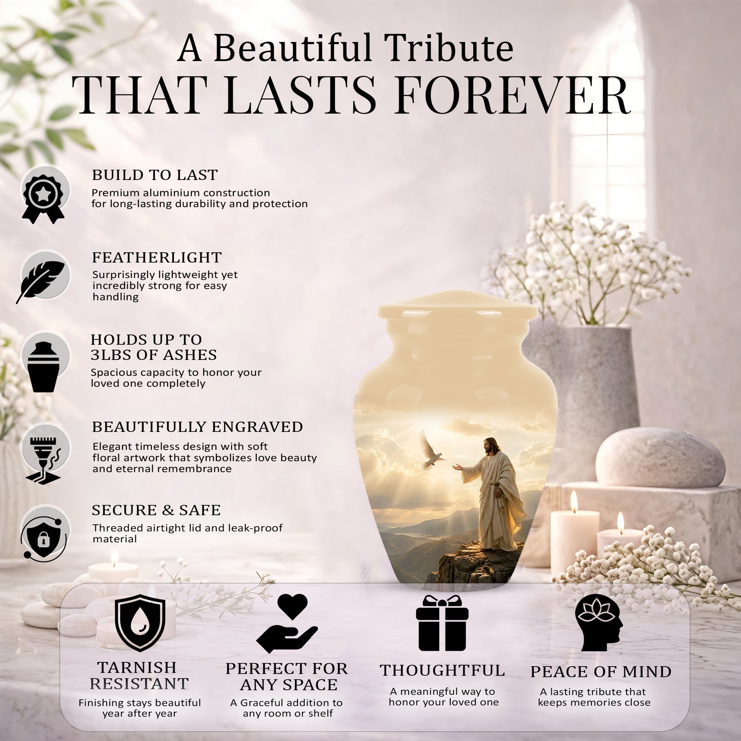 Jesus With Dove Themed Urn - Peaceful Eternal Rest Urn For Human Ashes
