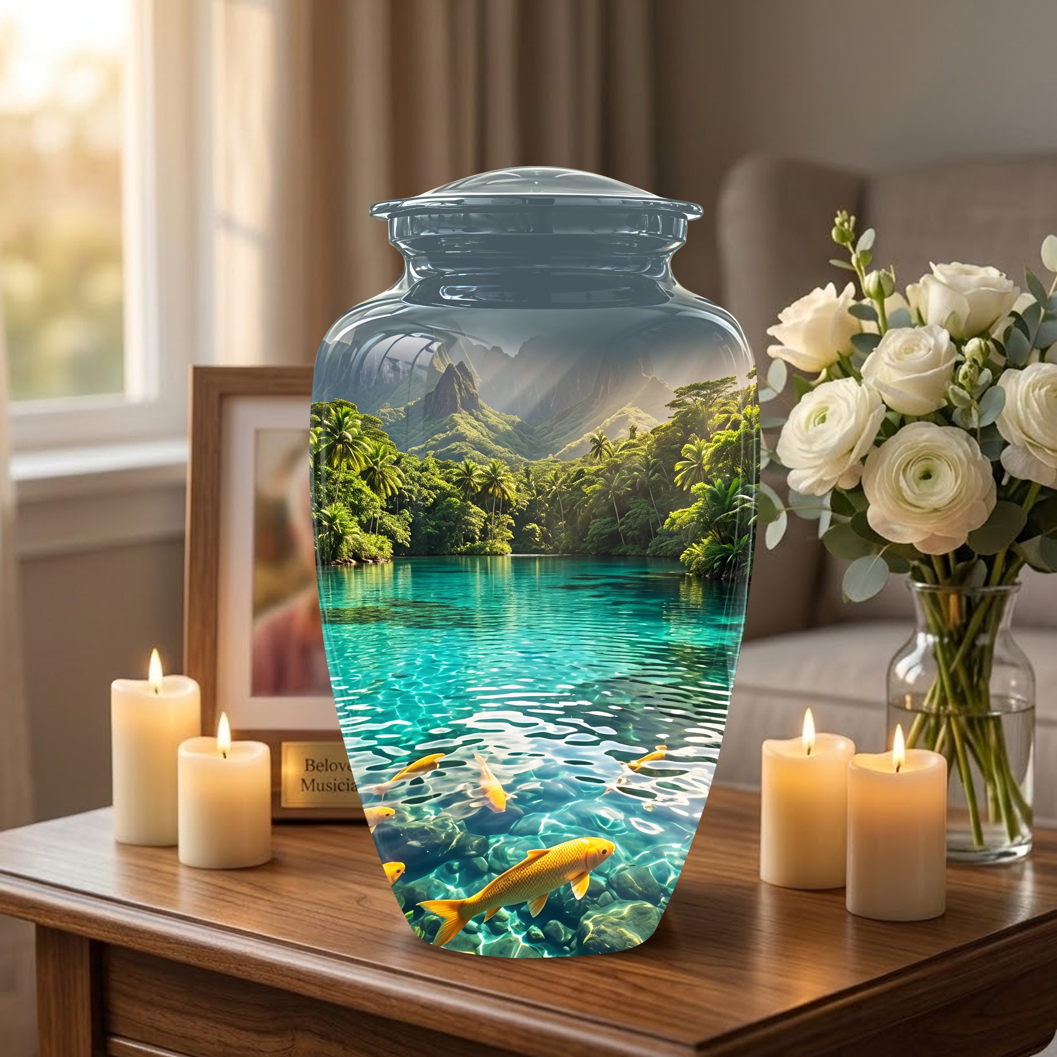 Koi Fish Themed Urn - Handcrafted Memorial Eternal Rest Urn For Ashes