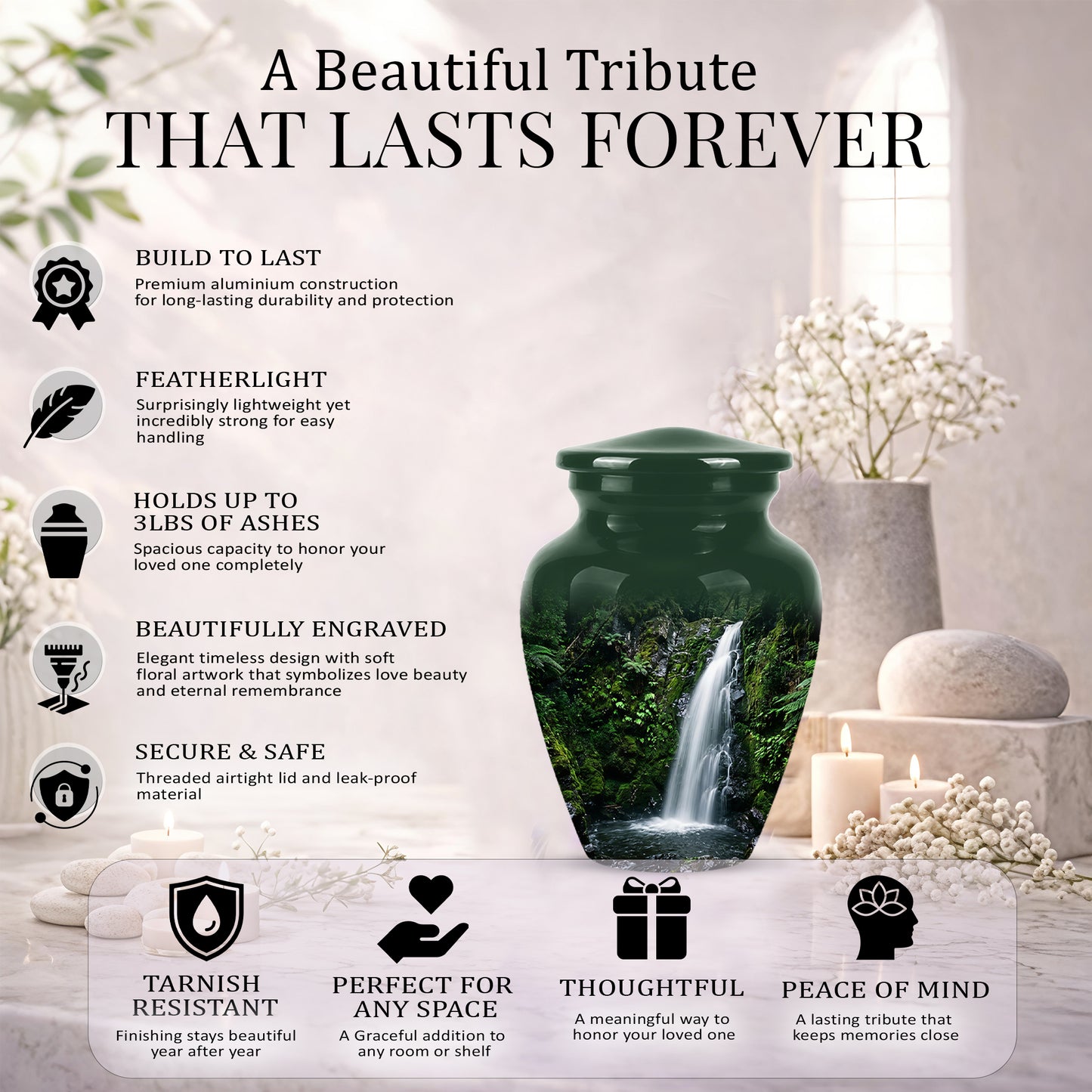 Waterfall Themed Memorial Urn - Peaceful Tribute Urn For Nature Lover
