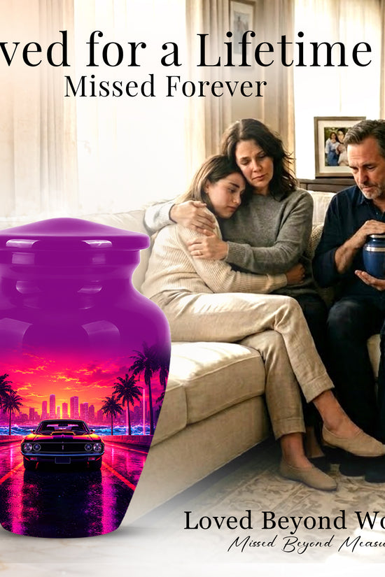 Neon Sunset Cityscape Sports Car Urn - Artistic Cremation Urn On Sale