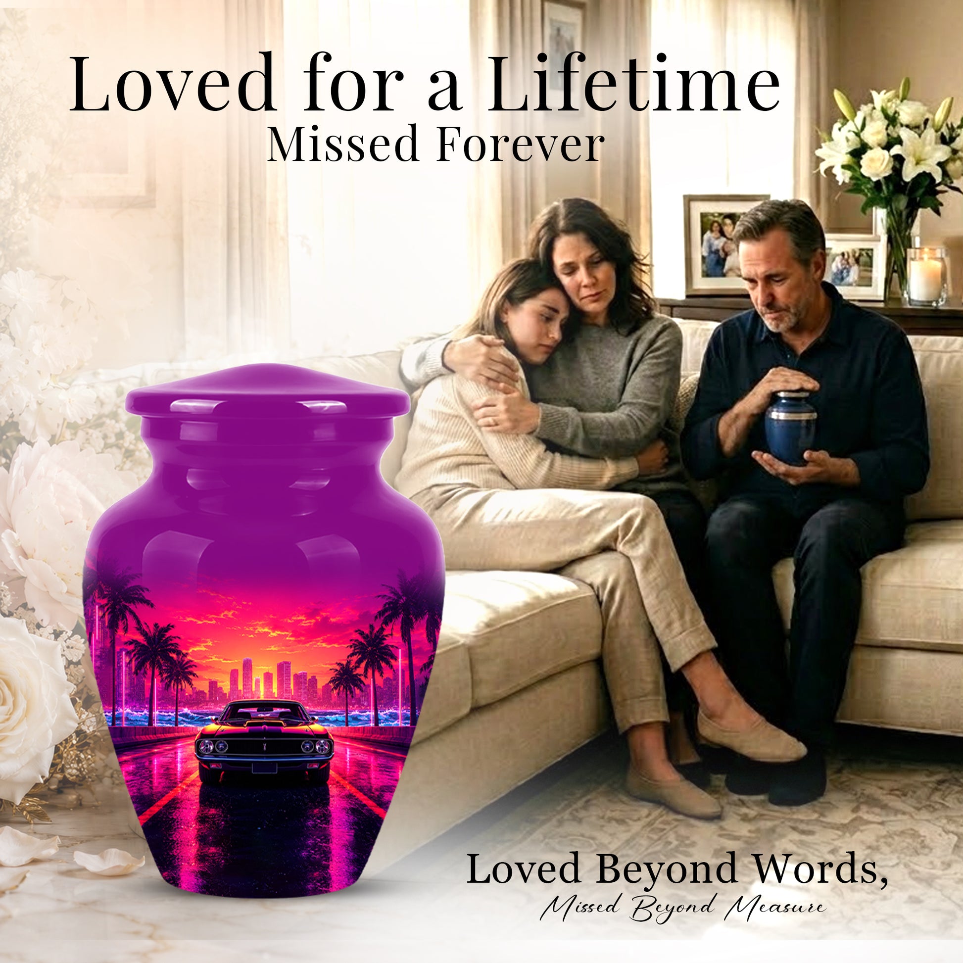 Neon Sunset Cityscape Sports Car Urn - Artistic Cremation Urn On Sale