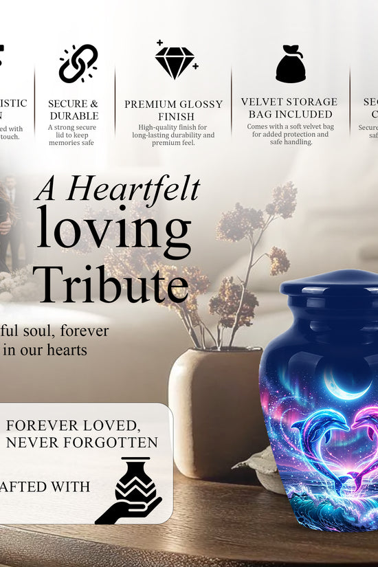 Heart Dolphin Cremation Urn for Ashes – Celestial Moon Memorial Urns