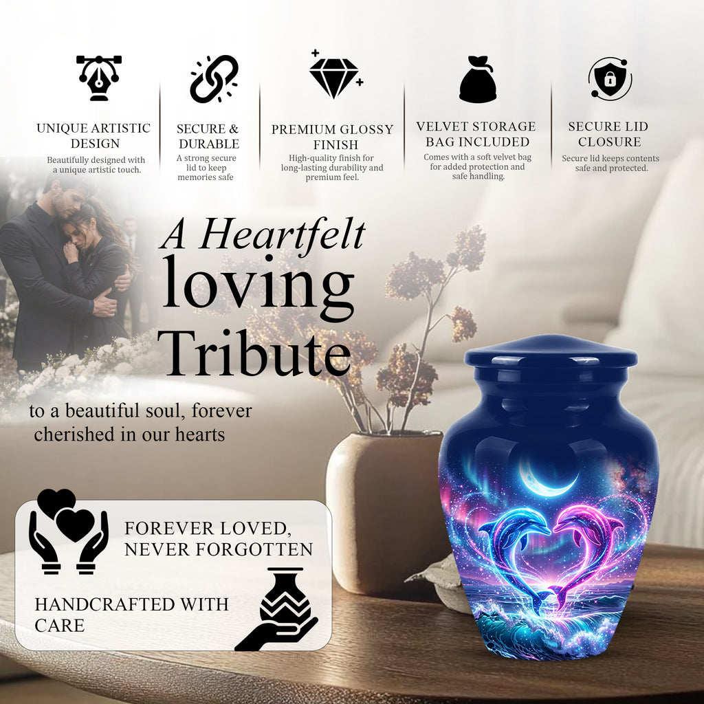 Heart Dolphin Cremation Urn for Ashes – Celestial Moon Memorial Urns