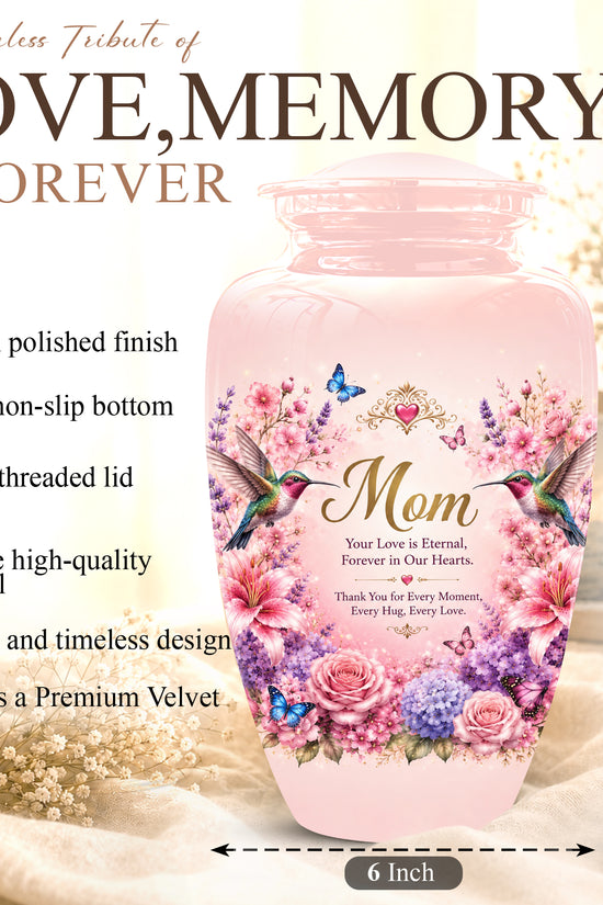 Hummingbird Floral Memorial Urn for Mother – Pink Aluminium Cremation Urn for Loved ones