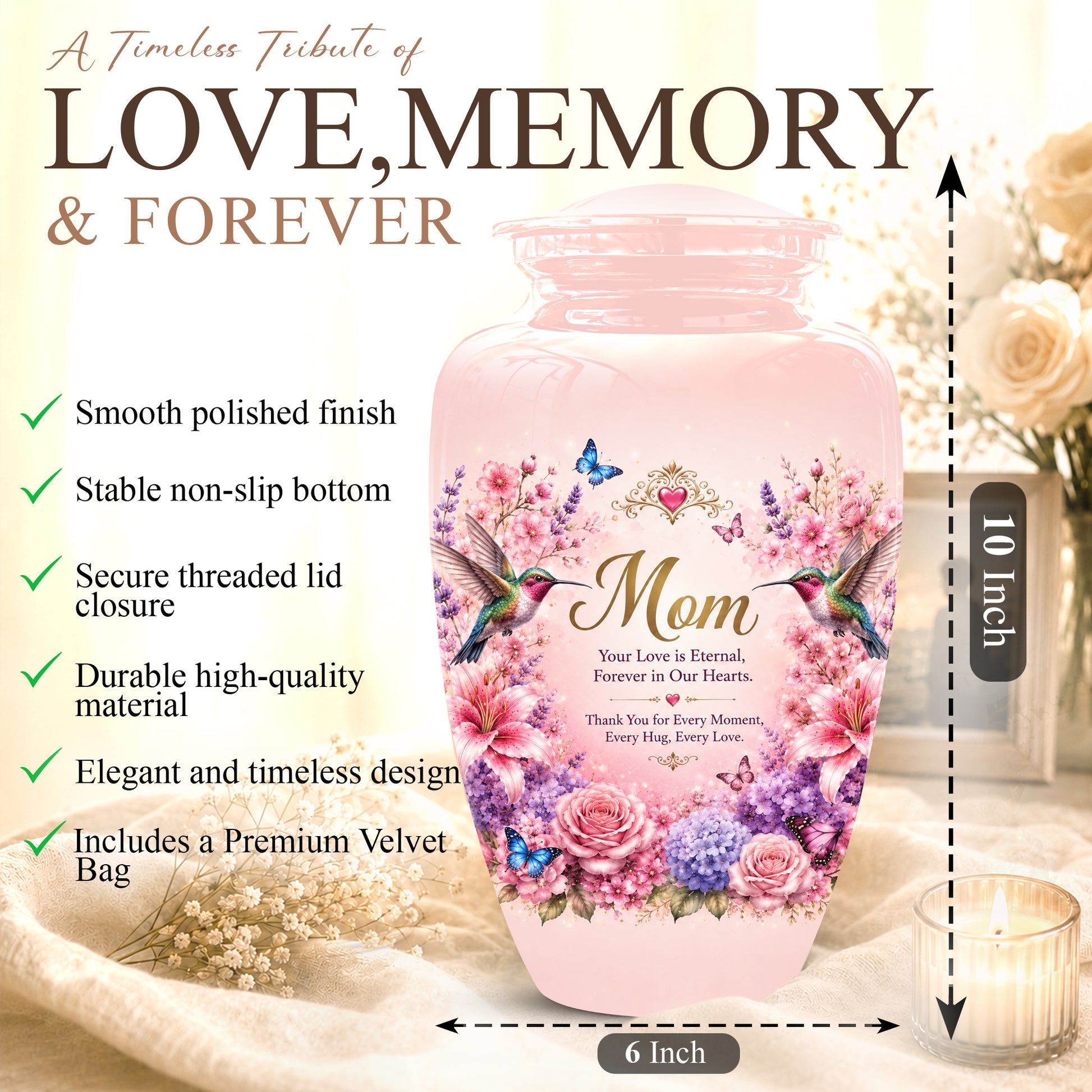 Hummingbird Floral Memorial Urn for Mother – Pink Aluminium Cremation Urn for Loved ones
